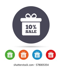 10% sale gift box tag sign icon. Discount symbol. Special offer label. Round colourful buttons with flat icons. Vector