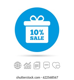 10% sale gift box tag sign icon. Discount symbol. Special offer label. Copy files, chat speech bubble and chart web icons. Vector