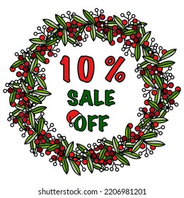 "10 % sale off" in Christmas wreath. Vector illustration.