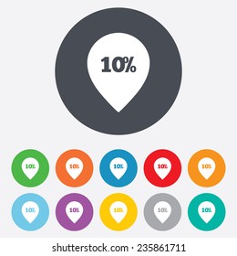10% sale pointer tag sign icon. Discount symbol. Special offer label. Round colourful 11 buttons. Vector