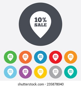 10% sale pointer tag sign icon. Discount symbol. Special offer label. Round colourful 11 buttons. Vector
