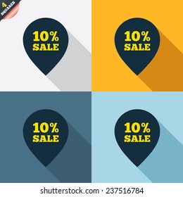 10% sale pointer tag sign icon. Discount symbol. Special offer label. Four squares. Colored Flat design buttons. Vector