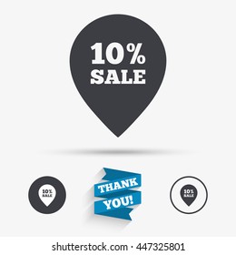 10% sale pointer tag sign icon. Discount symbol. Special offer label. Flat icons. Buttons with icons. Thank you ribbon. Vector