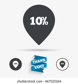 10% sale pointer tag sign icon. Discount symbol. Special offer label. Flat icons. Buttons with icons. Thank you ribbon. Vector