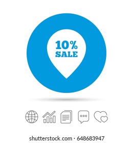 10% sale pointer tag sign icon. Discount symbol. Special offer label. Copy files, chat speech bubble and chart web icons. Vector