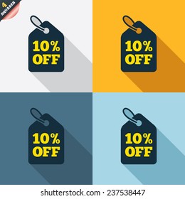 10% sale price tag sign icon. Discount symbol. Special offer label. Four squares. Colored Flat design buttons. Vector