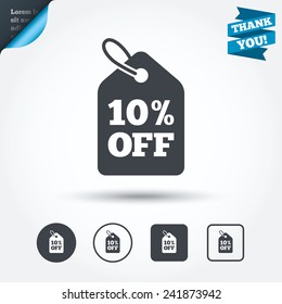 10% sale price tag sign icon. Discount symbol. Special offer label. Circle and square buttons. Flat design set. Thank you ribbon. Vector