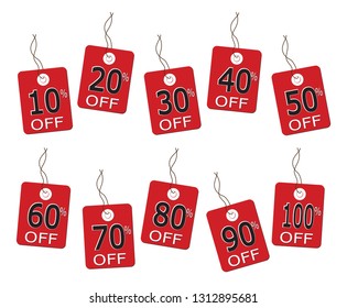 10 sales tags on string from 10% to 100% isolated on a white background