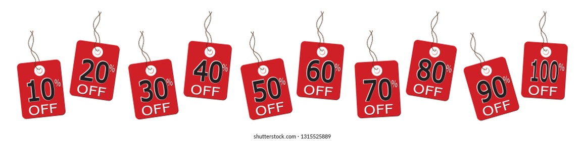 10 sales tags on strings from 10% to 100% in a line isolated on a white background