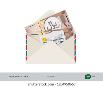 10 Saudi Arabia Riyal Banknote. Flat style opened envelope with cash. Saudi Arabia Riyal banknotes and credit card. Salary payout or bank transaction concept.
