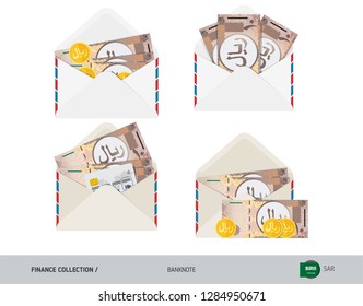 10 Saudi Arabia Riyal Banknote. Set of flat style opened envelopes with cash. Isolated white paper envelope with moneys. Finance concept.