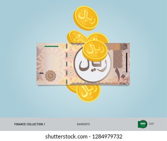 10 Saudi Arabia Riyal with flying coins. Flat style vector illustration. Finance concept.