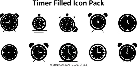 10 skalierbare Solid Filled-Stil-Symbole basierend auf dem Timer-Thema. Perfekt für sauberes und professionelles Design.