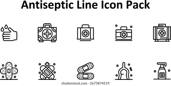 10 ícones em estilo Thin Line escaláveis com base no tema antisséptico. Perfeito para o trabalho de design limpo e profissional.