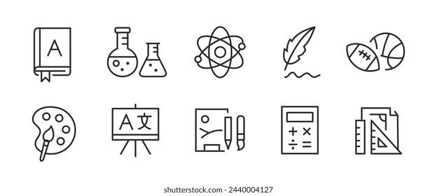 10 school subject icons: literature, chemistry, physics, sports, drawing, math, geometry, etc. For web, mobile, promos, SMM. Education, science theme. Vector illustration.