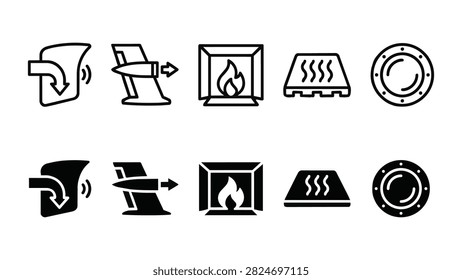 10 Scramjet Engine Icons for UI – Air inlet, cowl, flame chamber, heat exchanger, nozzle. Clean, editable vector icon set.