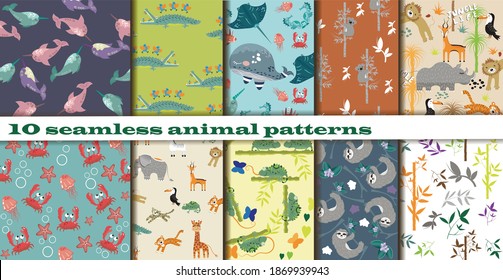 10 seamless animal patterns. Patterns for children with images of cute animals in the Scandinavian style. Vector illustration.