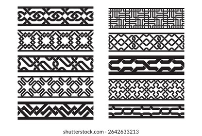 10 seamless border elements with tribal, ethnic, and knot-inspired patterns. Perfect for decorative frames, textile motifs, or digital brushes in black.