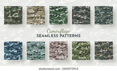 10 Seamless Camouflage Patterns. War Illustration. Traditional Military Texture. Army Background. Vector eps 10