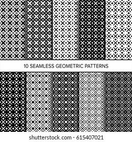 10 Seamless geometric monochrome patterns. Minimal vector texture with periodic repeating crosses and rhombuses. Alternative designs are based on the negative space of it’s adjacent design.