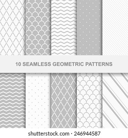 10 Seamless geometric patterns. Grey and white texture