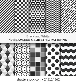 10 Seamless geometric vector patterns, black and white texture