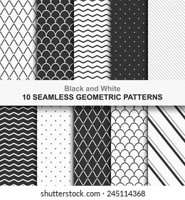 10 Seamless geometric vector patterns, black and white texture