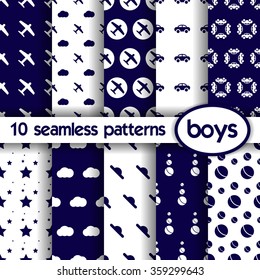 10 seamless patterns for boys. Vector eps10