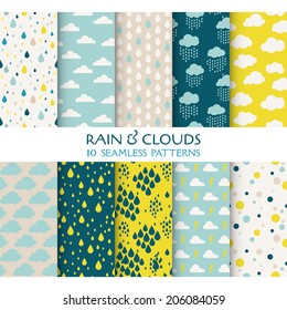 10 Seamless Patterns. Rain And Clouds. Texture For Wallpaper, Background, Scrapbook In Vector