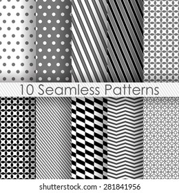 10 Seamless vector backgounds, simple geometric patterns, black gray and white texture