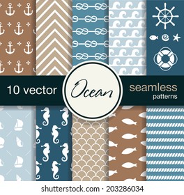 10 seamless vector patterns. The texture may be used for printing on fabric or paper and in web design. Nautical theme.