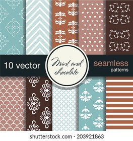 10 seamless vector patterns. The texture may be used for printing on fabric or paper and in web design. Mint and chocolate shades. Beautiful twisted patterns.