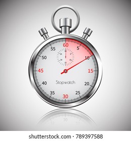10 seconds. Silver realistic stopwatch with reflection. Vector.