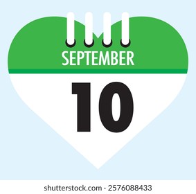 10 September calendar icon green heart shape on light sky blue color background, calendar vector symbol for the month of September.