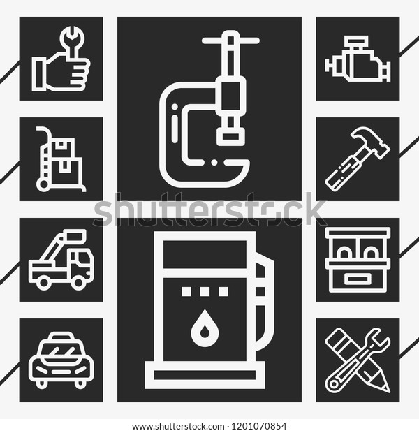10\
service  outline style icons about clamp, hammer, tools, ticket\
office, fuel, wrench, trolley, motor, car\
repair