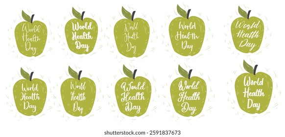 10 set to World Health Day lettering handwritten with calligraphic font on green hand drawn apple isolated on white background. Fresh fruit with elegant inscription.