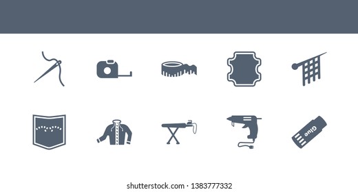 10 sew vector icons such as glue stick, hot glue, ironing board, jacket, jeans pocket contains knit, leather, measurement, measuring tape, needle. sew icons