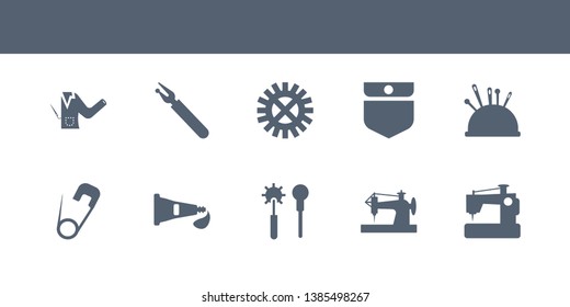 10 sew vector icons such as new sewing machine, old sewing machine, overstitch, paint tube, pin contains pin cushion, pocket, rotary, seam, sew pattern. sew icons