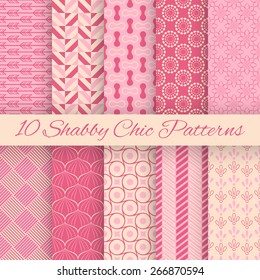 10 Shaby chic vector seamless patterns. Fond pink and white colors. Endless texture can be used for printing onto fabric and paper or invitation. Abstract geometric shapes.