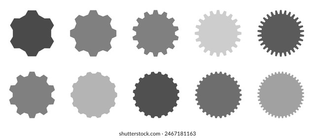 10 shapes of gray gears line icons. Flat machine gear icon. Wheel cogwheel vector. Simple outline isolated elements vector collection.