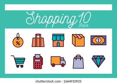 10 shopping line and fill style icon set design of Commerce market store shop retail buy paying banking and consumerism theme Vector illustration