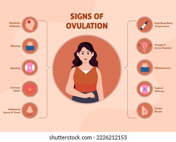 10 Signs Of Ovulation Icons Over Peach Background.