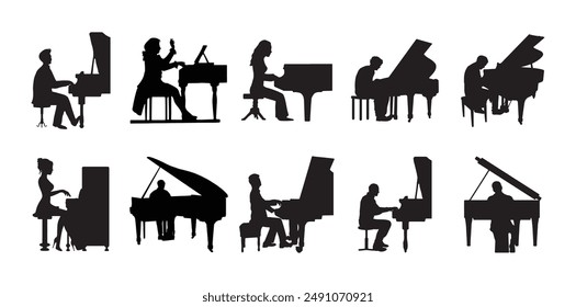 10 Silhouettes Pianist Vector Set