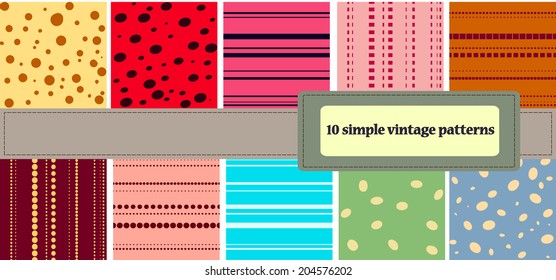 10 simple vintage seamless patterns of dots and stripes