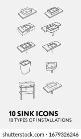 10 sink vector linear graphic icons, ten types of installations set, interior kitchen and bathroom, drawing