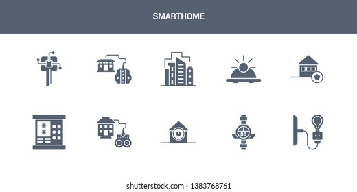 10 smarthome vector icons such as light, meter, power button, remote vehicle, security code contains security system, sensor, smart city, smart home console, smart key. smarthome icons