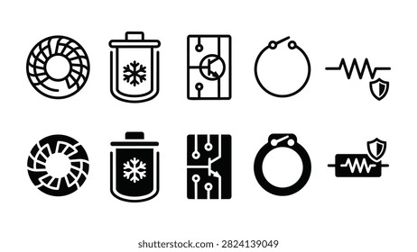 10 SMES Coil Icons – Toroidal coil, cryogenic vessel, transistor board and ring switch for UI. Clean, editable vector icon set.
