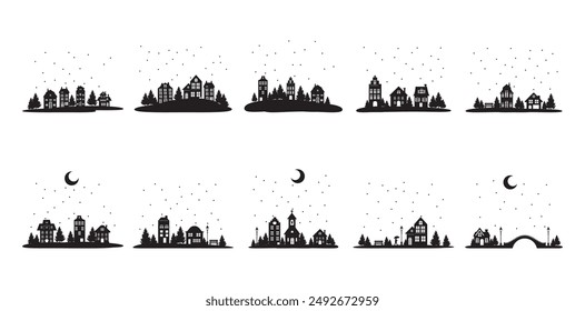 10 Snowy Village Silhouette Set