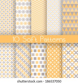 10 Soft different vector seamless patterns (tiling). Endless texture for wallpaper, fill, web page background, texture. Set of delicate geometric ornament. Yellow, grey and white shabby colors