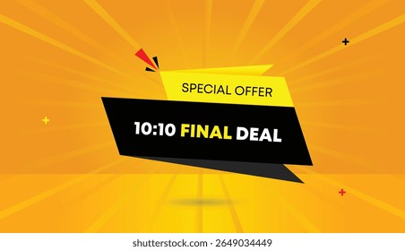 10 a 10 oferta especial final editável web banner arte vetorial ilustração modelo design emblema ícone rótulo preto amarelo formas laranja sol brilhar elementos de negócios abstrato fundo